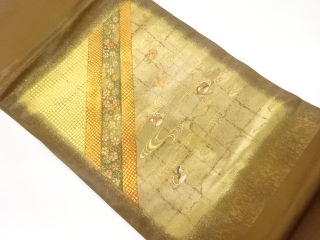 金彩斜線に花唐草・鴛鴦・流水模様刺繍名古屋帯